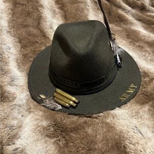 Black Veteran Army Hat with Feather and Bullet Accents